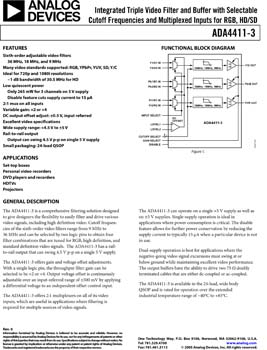 ADA4411-3. Integrated Triple Video Filter and Buffer with Selectable Cutoff Frequencies and Multiplexed Inputs for RGB, HD and SD