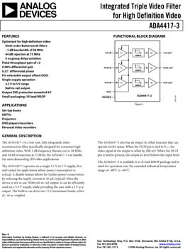 ADA4417-3. Integrated Triple Video Filter for High Definition Video