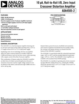 ADA4505-2. Dual 10 µA, Rail-to-Rail I/O, Zero Input Crossover Distortion Amplifier