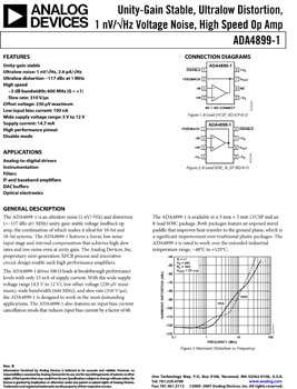 ADA4899-1. Unity-Gain Stable, Ultralow Distortion, 1 nV/vHz Voltage Noise, High Speed Op Amp