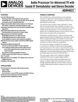 ADAV4622. Audio Processor for Advanced TV with Sound IF Demodulator and Stereo Decoder