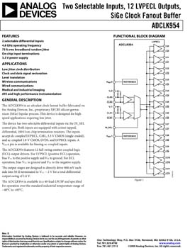 ADCLK954. Two Selectable Inputs, 12 LVPECL Outputs, SiGe Clock Fanout Buffer