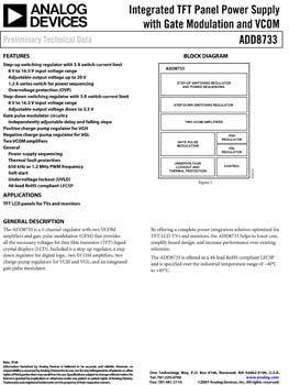 ADD8733. Integrated TFT Panel Power Supply with Gate Modulation and VCOM