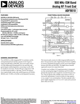 ADF9010. 900MHz ISM Band Analog RF Front End