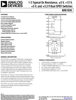 ADG1636. 1 ohm Typical On Resistance, ±5 V, +12 V, +5 V, and +3.3 V Dual SPDT Switch