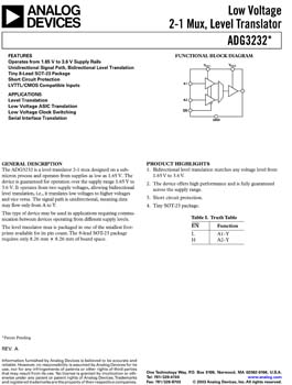 ADG3232. 2:1 Multiplexer Level Translator with Bi-directional 1.65 V to 3.6 V Level Shift