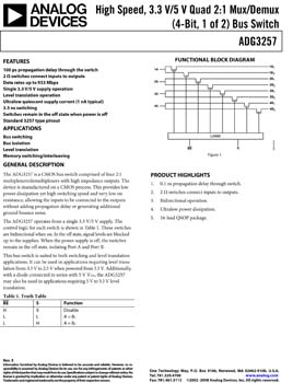 ADG3257. High Speed, 3.3 V/5 V Quad 2:1 Mux/Demux (4-Bit, 1 of 2) Bus Switch