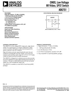ADG751. CMOS, Low Voltage, RF/Video, SPST Switch (Single Pole, Single Throw)