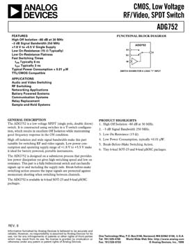 ADG752. CMOS, Low Voltage, RF/ Video, SPDT Switch (Single Pole, Double Throw)