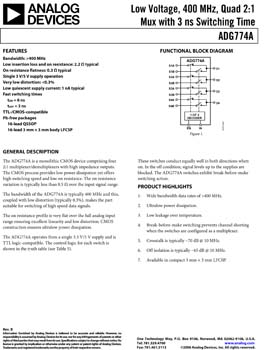 ADG774A. Low Voltage 400 Mhz Quad 2:1 MUX with 3 nS Switching Time