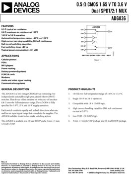 ADG836. 0.5 ohm CMOS 1.65 V TO 3.6 V Dual SPDT/2:1 MUX 