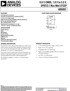 ADG852. 0.8 ohm CMOS, 1.8V to 5.5V, SPDT/2:1 Mux Mini LFCSP