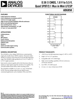 ADG858. 0.58 ohm CMOS, 1.8 V to 5.5 V, Quad SPDT/2:1 Mux in Mini LFCSP