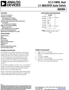 ADG884. 0.5 ohm CMOS Dual 2:1 MUX/SPDT Audio Switch