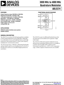 ADL5374. 3000 MHz to 4000 MHz Quadrature Modulator