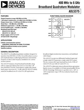 ADL5375. 400 MHz to 6 GHz Broadband Quadrature Modulator