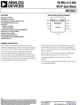 ADL5542. 50 MHz to 6 GHz RF/IF Gain Block, Fixed Gain of 20 dB