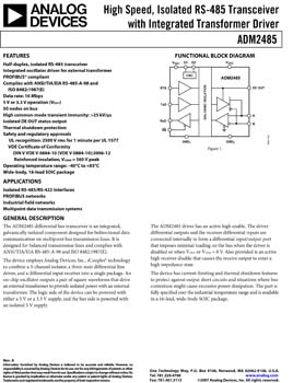 ADM2485. High Speed, Isolated RS-485 Transceiver with Integrated Transformer Driver