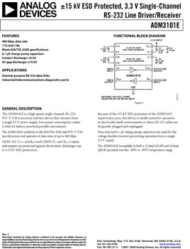 ADM3101E. ±15 kV ESD Protected, 3.3 V Single-Channel RS-232 Line Driver/Receiver
