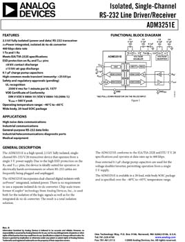 ADM3251E. Isolated Single Channel RS-232 Line Driver/Receiver