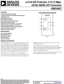 ADM3485E. ESD Protected, EMC Compliant, 3.3V, 12 Mbps, EIA RS-485 Transceiver