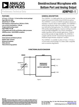 ADMP401. iMEMS(r) Microphone Omni Directional Microphone with Bottom Port and Analog Output
