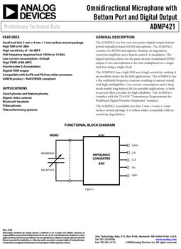 ADMP421. iMEMS(r) Microphone Omni Directional Microphone with Bottom Port and Digital Output