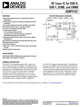 ADMTV102. RF Tuner IC for DVB-H, DVB-T, and DMB-TH