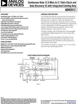ADN2812. Continuous Rate 12.3 Mb/s to 2.7 Gb/s Clock and Data Recovery IC with Integrated Limiting Amp