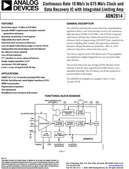 ADN2814. Continuous Rate 10 Mb/s to 675 Mb/s Clock and Data Recovery IC with Integrated Limiting Amp