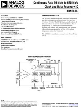 ADN2816. Continuous Rate 10 Mb/s to 675 Mb/s Clock and Data Recovery IC