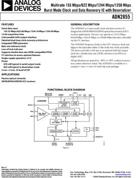ADN2855. Multirate 155 Mbps/622 Mbps/1244 Mbps/1250 Mbps Burst Mode Clock and Data Recovery IC with Deserializer
