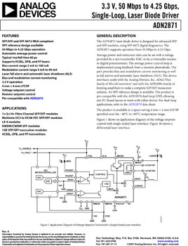 ADN2871. 3.3 V, 50 Mbps to 4.25 Gbps, Single-Loop, Laser Diode Driver