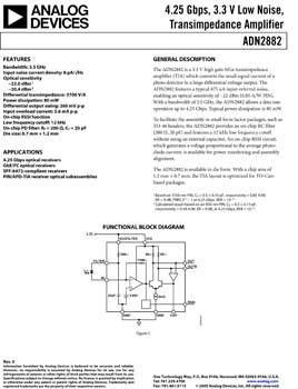 ADN2882. 4.25 Gbps 3.3 V Low Noise Transimpedance Amplifier
