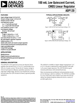 ADP120. 100 mA, Low Quiescent Current, CMOS Linear Regulator