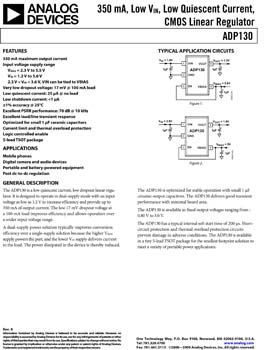 ADP130. 350 mA, Low Vin, Low Quiescent Current, CMOS Linear Regulator