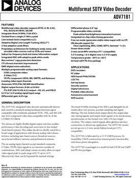 ADV7181. NTSC/PAL/SECAM Video Decoder