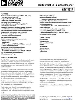ADV7183A. 10-Bit NTSC/PAL/SECAM TV & Video Decoder