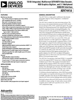 ADV7441A. 10-Bit Integrated, Multiformat SDTV/HDTV Video Decoder, RGB Graphics Digitizer, and 2:1 Multiplexed HDMI/DVI Interface