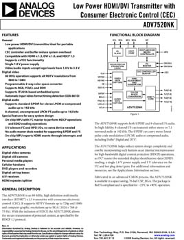 ADV7520NK. Low Power HDMI/DVI Transmitter with Consumer Electronic Control (CEC)