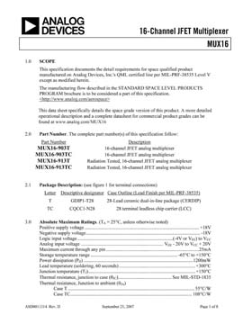MUX16S. Aerospace 16-Channel JFET Analog Multiplexer (Overvoltage & Power Supply Loss Protected) 