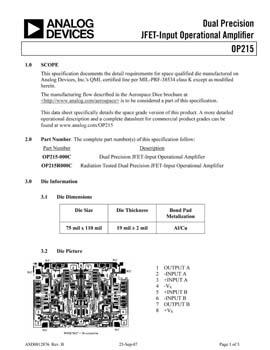 OP215S. Aerospace Dual Precision JFET Input Op Amp