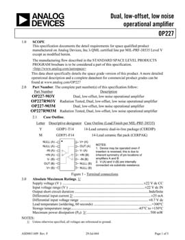 OP227S. Aerospace Dual Low Noise Low Offset Inst. Op Amp
