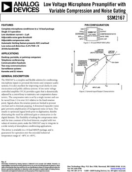 SSM2167. Low Voltage Microphone Preamplifier with Variable Compression & Noise Gating