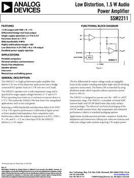 SSM2211. Low Distortion, 1.5 W Audio Power Amplifier