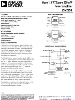 SSM2250. Mono 1.5 W/Stereo 250 mW Power Amplifier