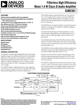 SSM2301. Filterless High Efficiency Mono 1.4 W Class-D Audio Amplifier