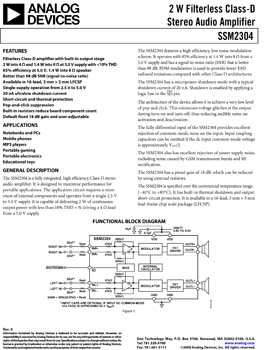 SSM2304. 2 W Filterless Class-D Stereo Audio Amplifier