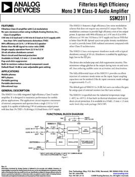 SSM2311. Filterless High Efficiency Mono 3 W Class-D Audio Amplifier