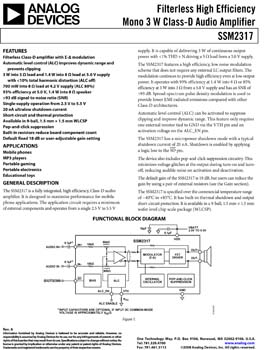 SSM2317. Filterless High Efficiency Mono 3 W Class-D Audio Amplifier